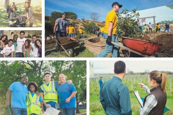collage of community service photos - people helping with wheelbarrows, picking up trash, and surveying