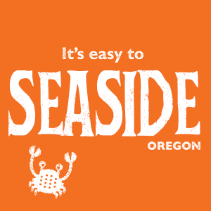 orange background with it's easy to seaside Oregon and a crab illustration
