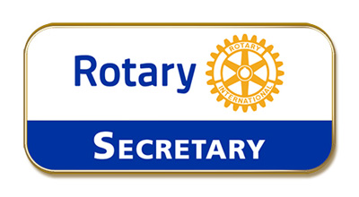 Rotary Logo pin with blue bar that says Secretary