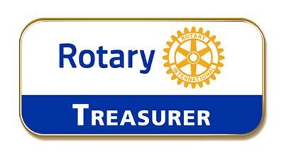 Rotary Logo pin with blue bar that says Treasurer